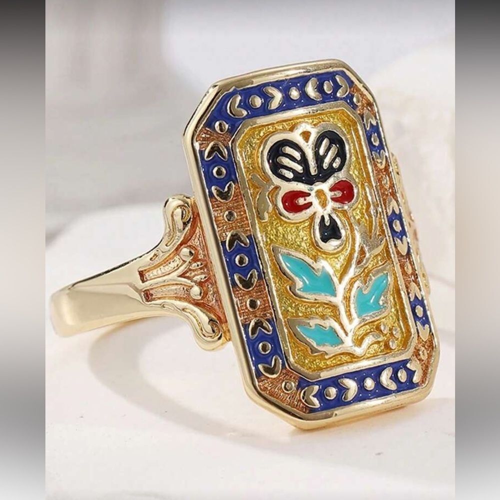 Free People Gold Blue Red Turquoise Enamel Floral Ring